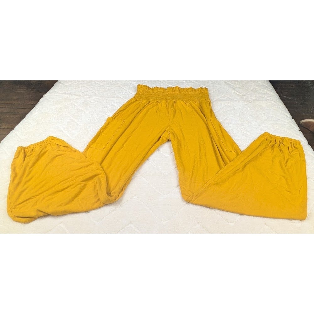 QIANXIZHAN Mustard Yellow Smocked Waist Harem Pants Boho Joggers Medium